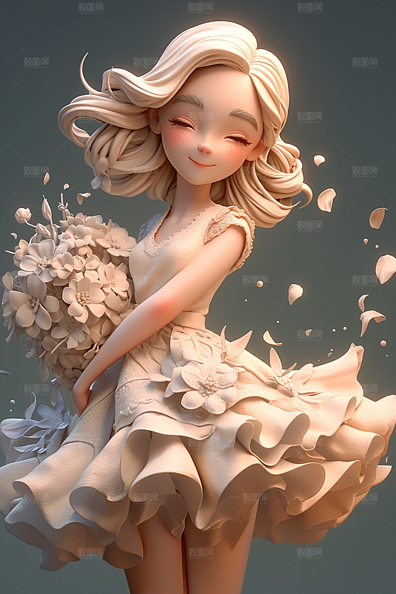 手捧鲜花的少女3D模型素材