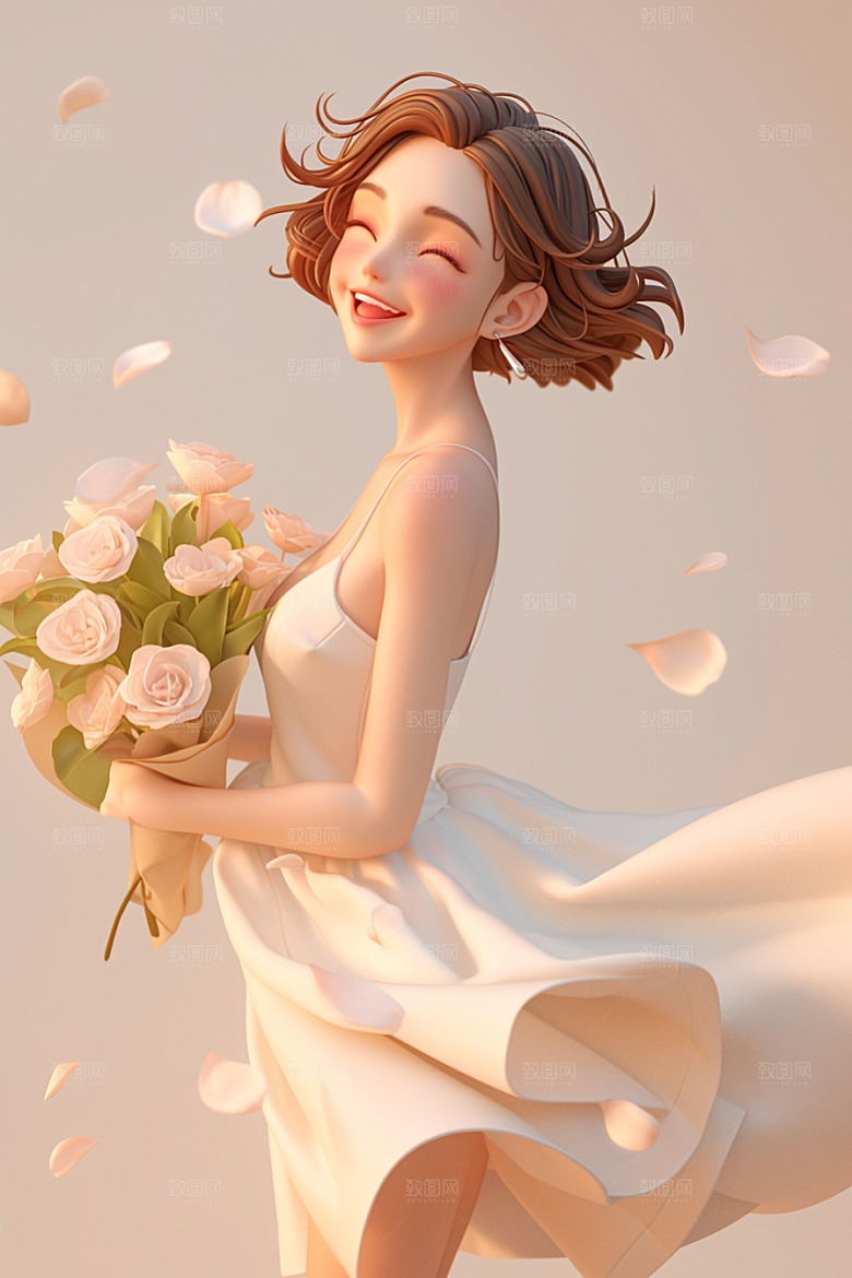 手捧鲜花的少女梦幻清新素材