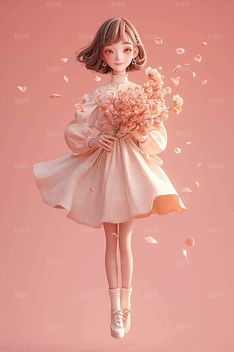 手捧鲜花的少女立体唯美素材