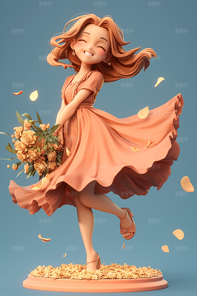 手捧鲜花的少女模型3D素材