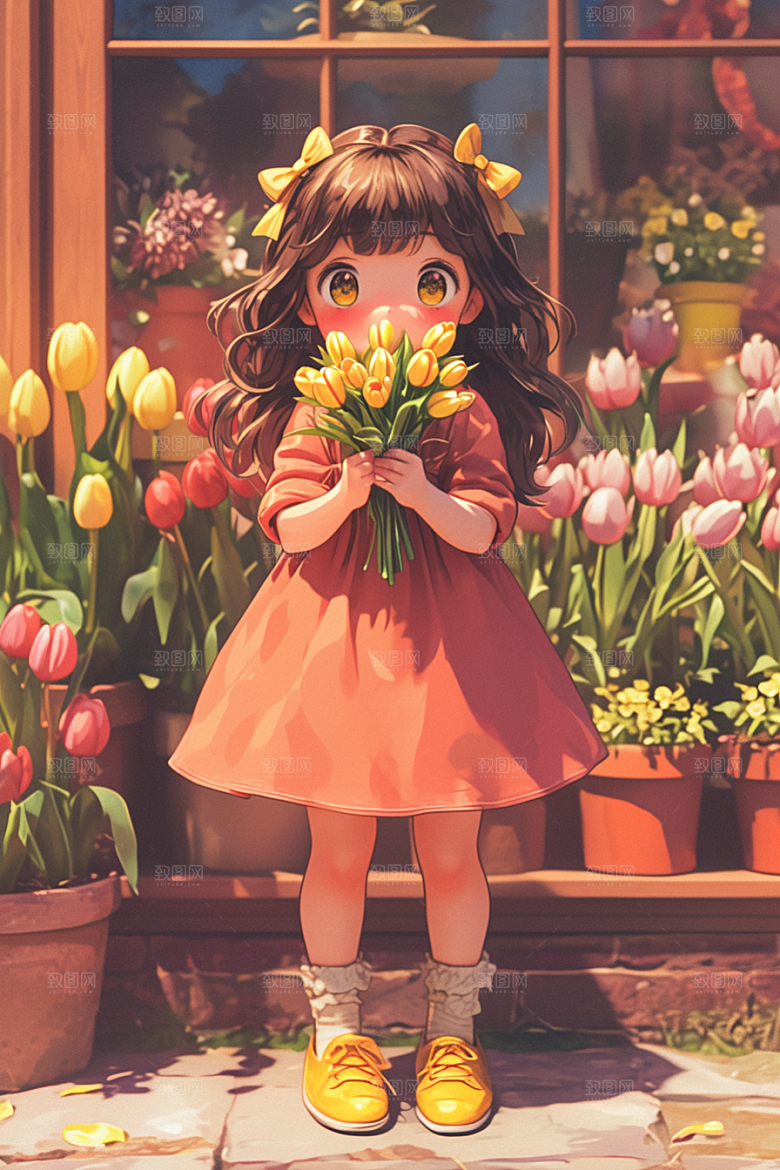 手捧鲜花的少女自然模型素材
