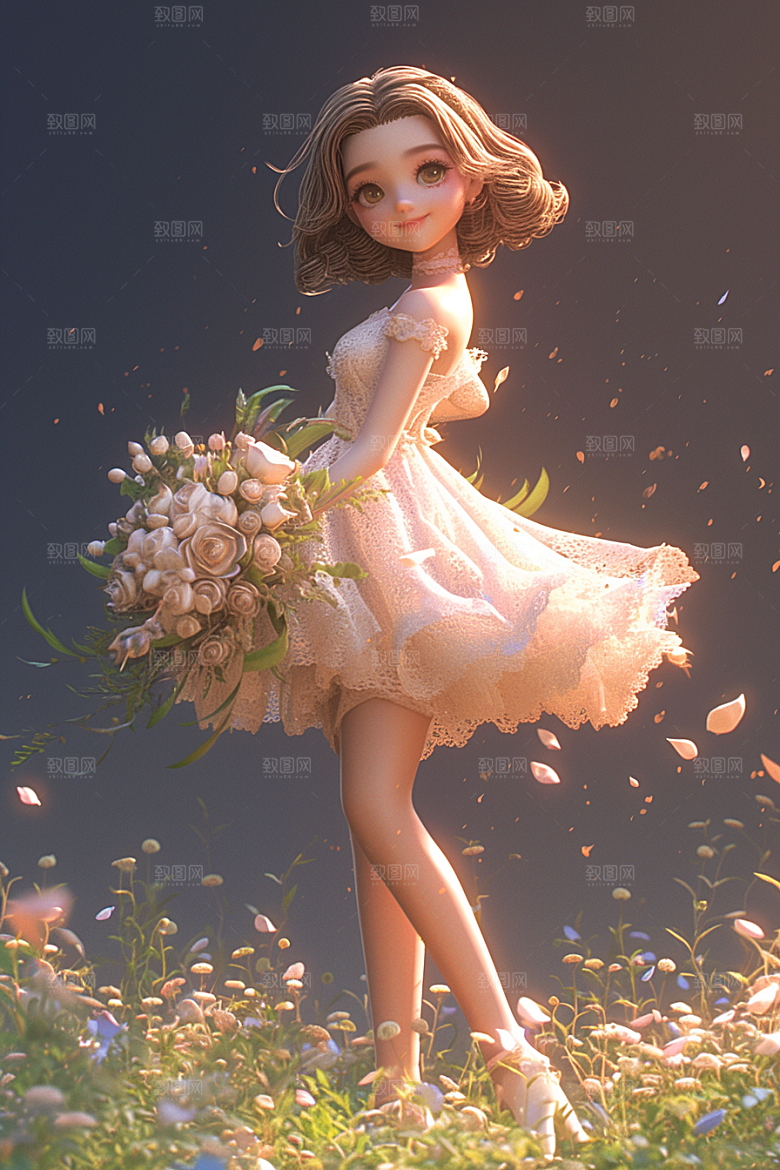手捧鲜花的少女3D自然素材
