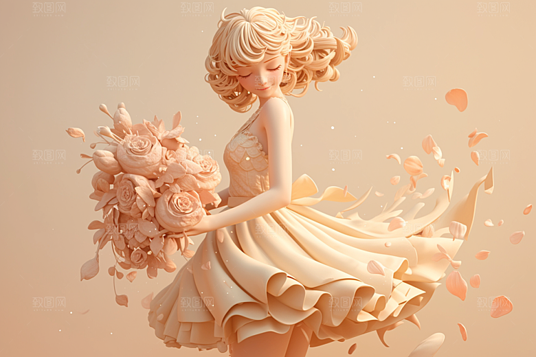 手捧鲜花的少女梦幻春天素材