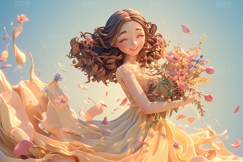 手捧鲜花的少女人物模型素材