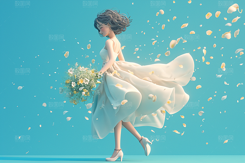 手捧鲜花的少女唯美3D素材