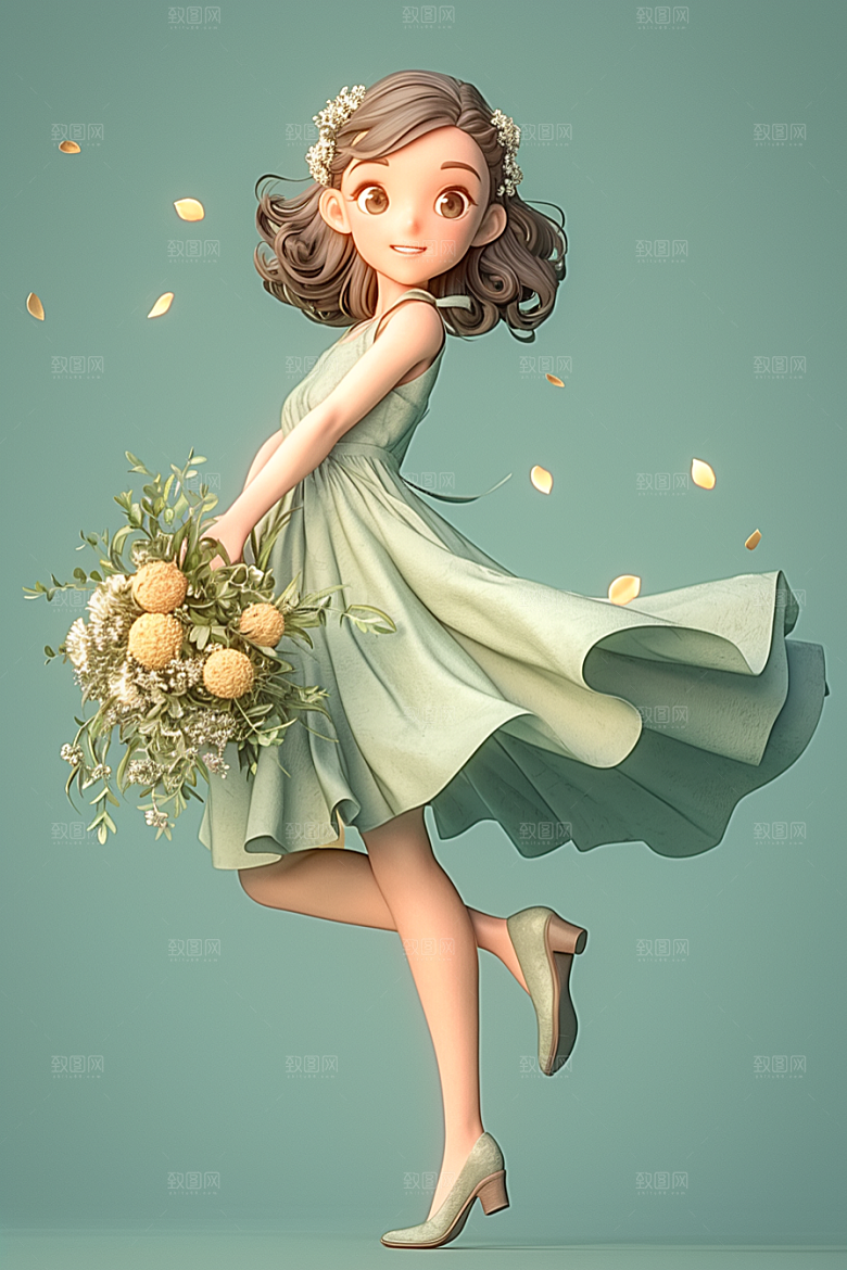 手捧鲜花的少女青春梦幻素材
