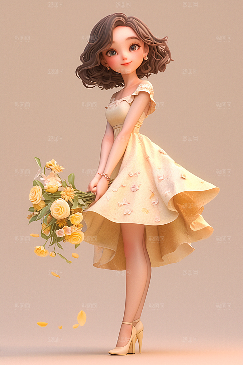 手捧鲜花的少女春天模型素材