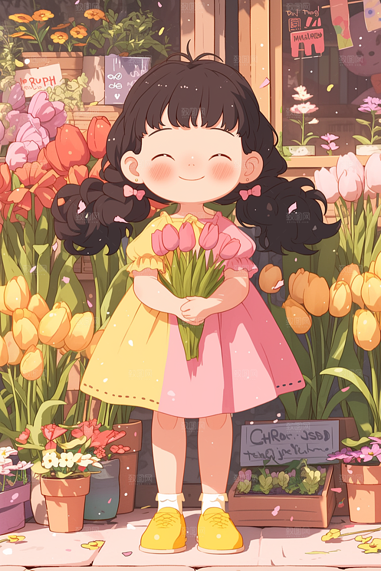 手捧鲜花的少女自然梦幻素材