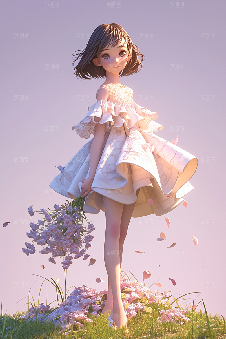 手捧鲜花的少女唯美自然素材
