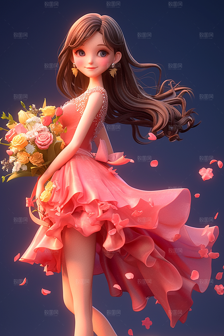 手捧鲜花的少女梦幻模型素材