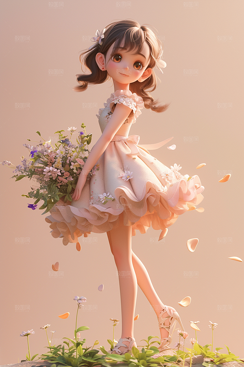 手捧鲜花的少女青春唯美素材
