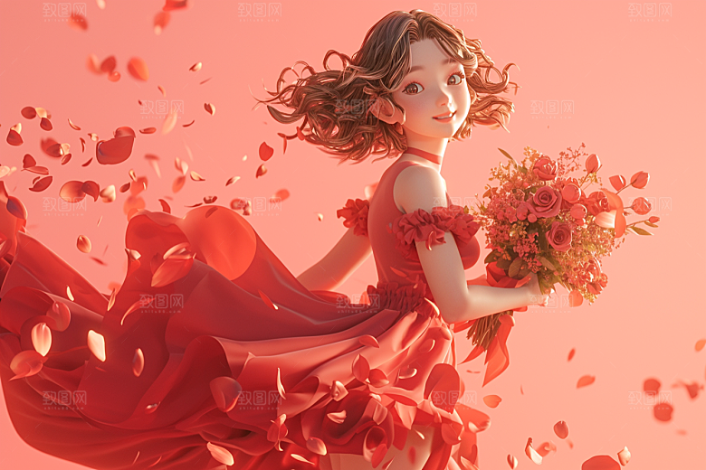 手捧鲜花的少女青春自然素材