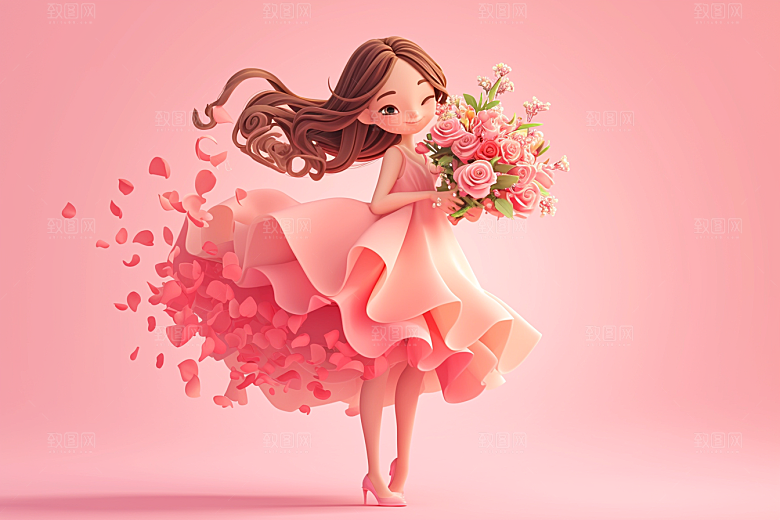 手捧鲜花的少女梦幻花朵素材