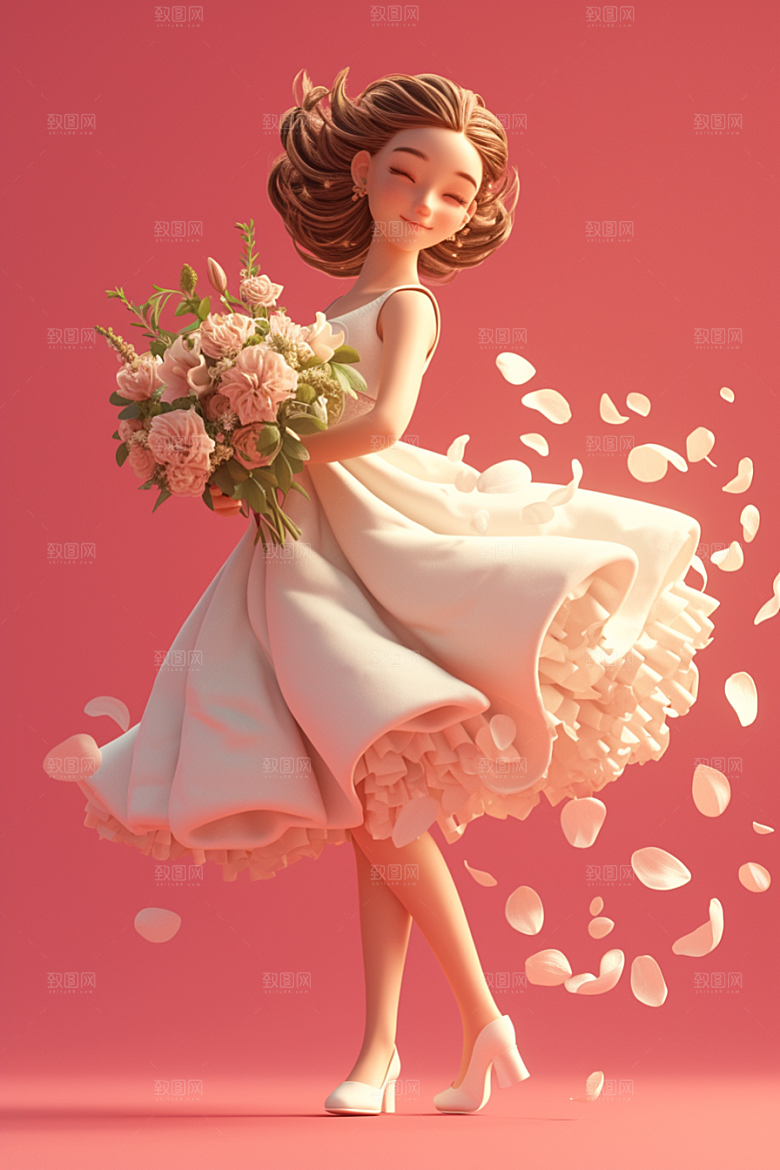 手捧鲜花的少女3D春天素材