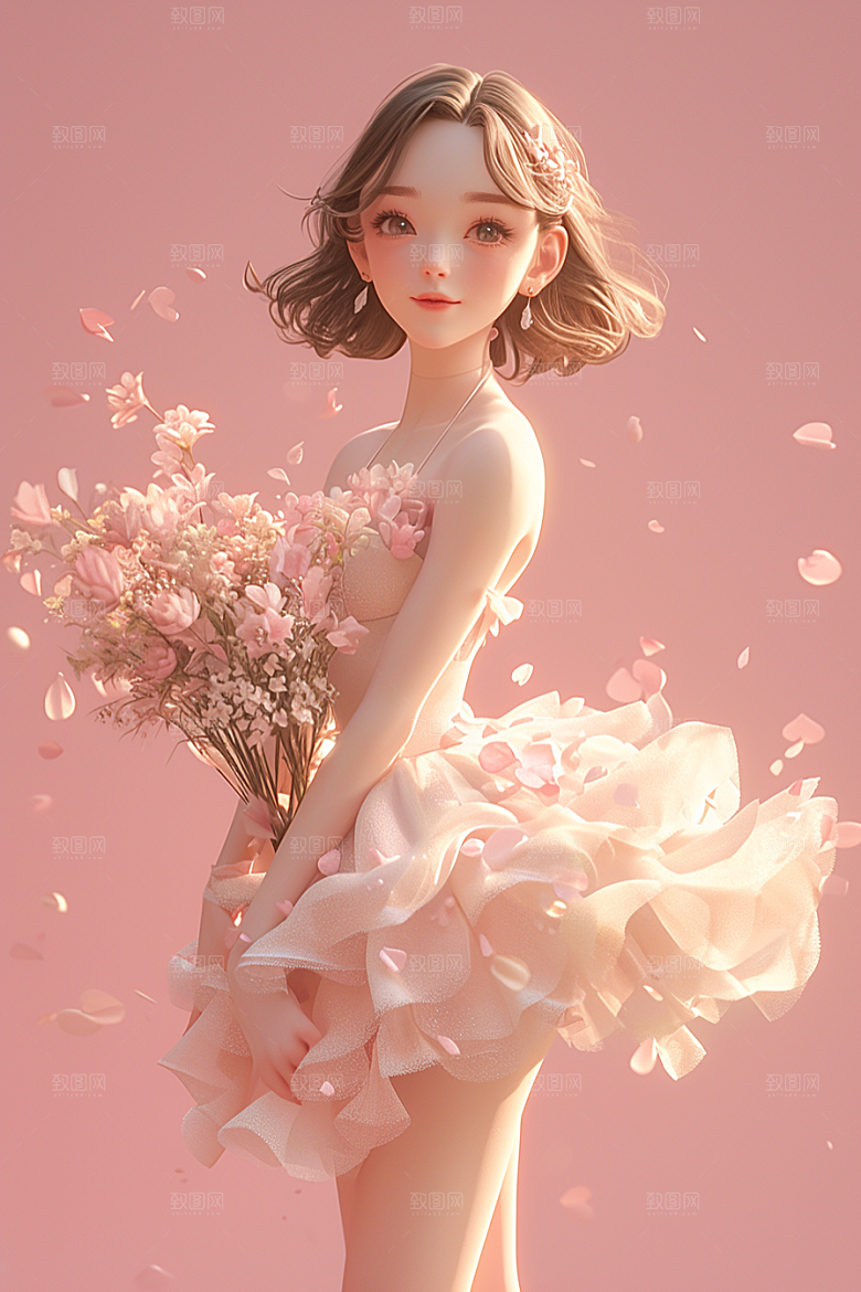 手捧鲜花的少女春天3D素材