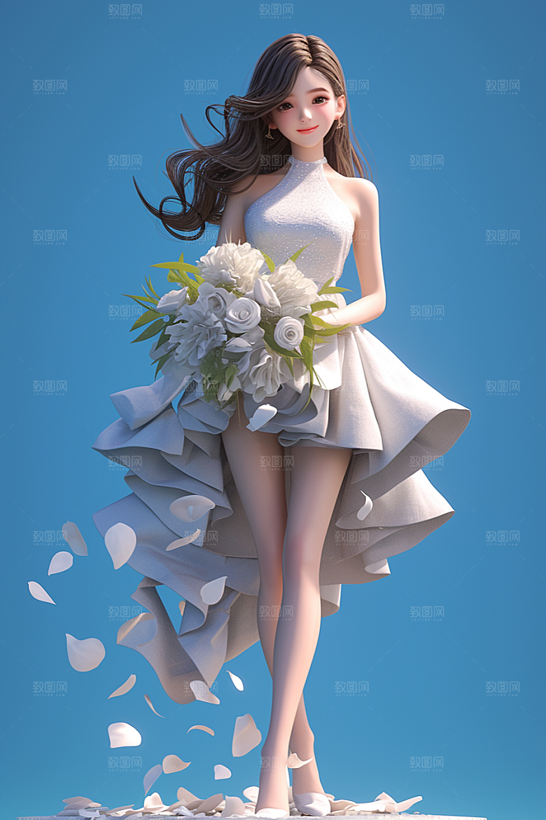 手捧鲜花的少女唯美梦幻素材