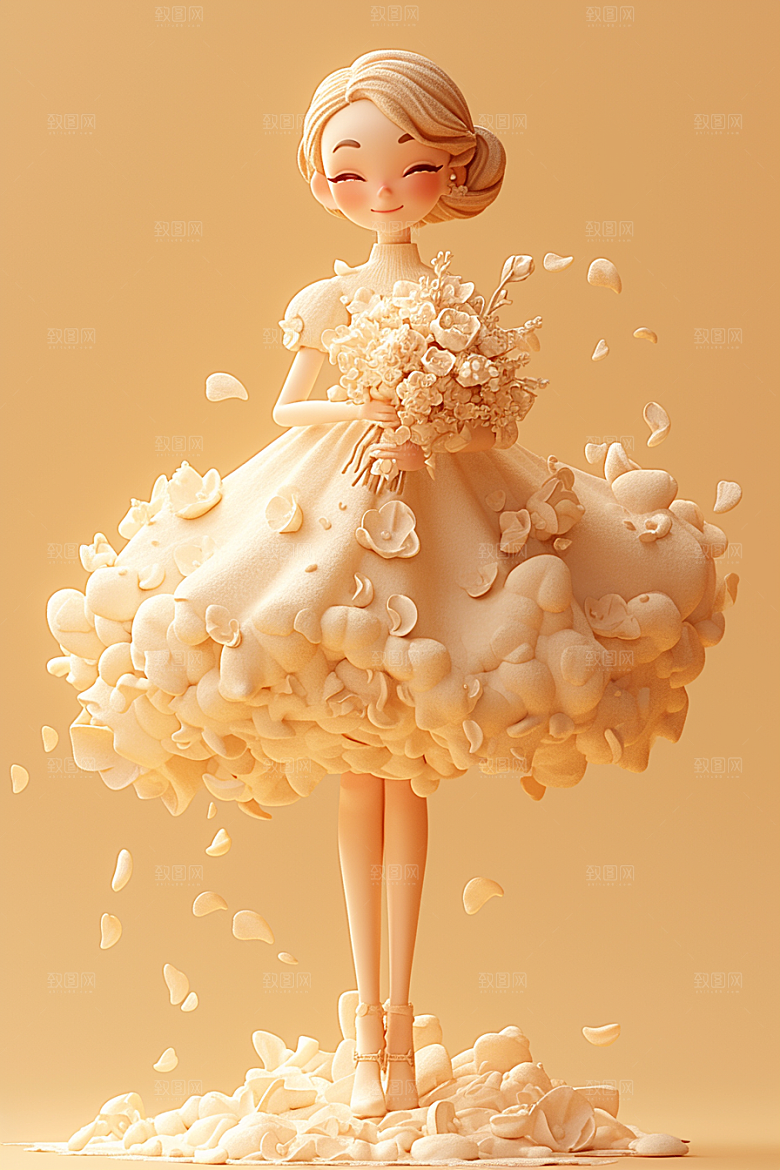 手捧鲜花的少女立体青春素材