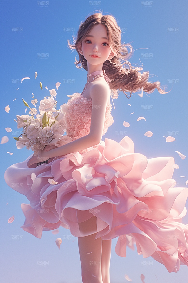 手捧鲜花的少女春天青春素材