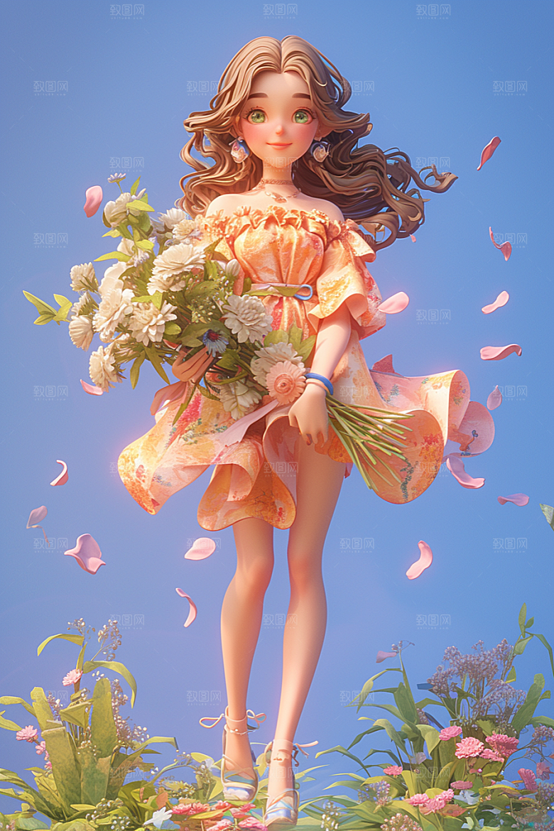 手捧鲜花的少女肖像3D素材
