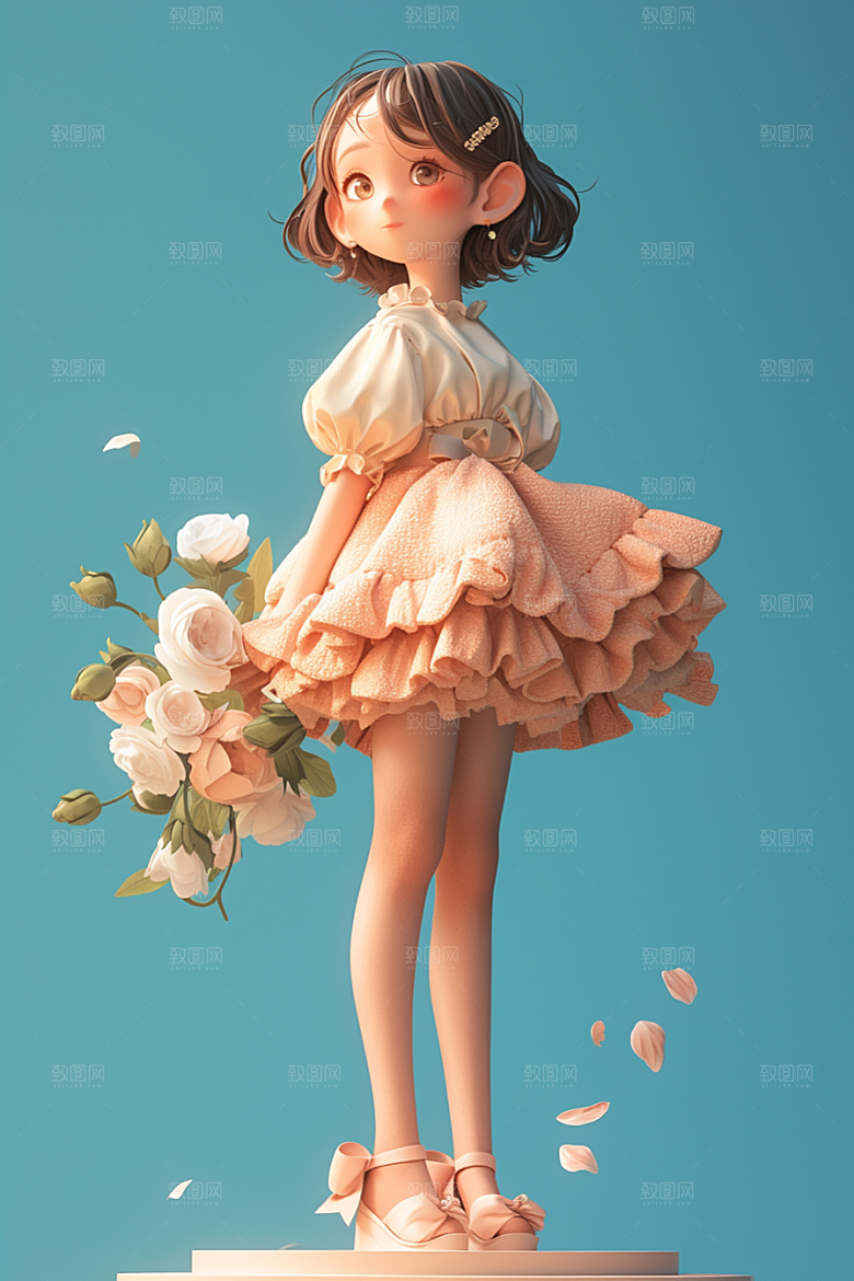 手捧鲜花的少女青春立体素材