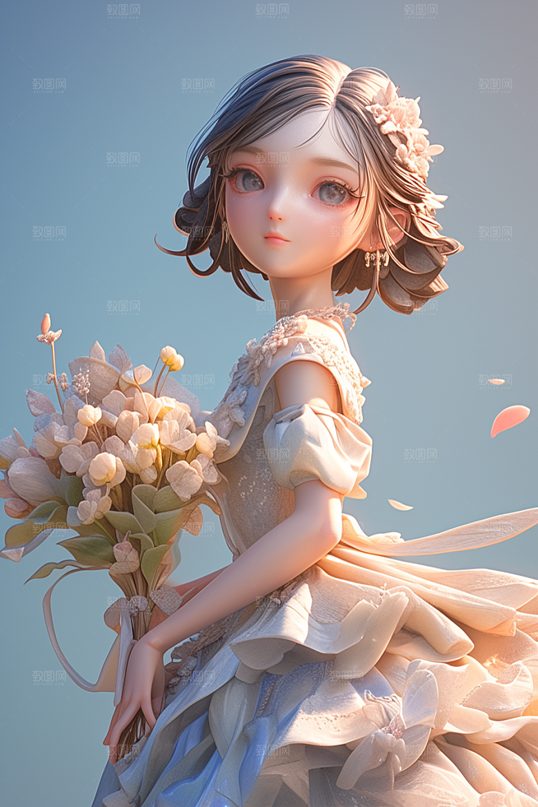 手捧鲜花的少女梦幻人物素材