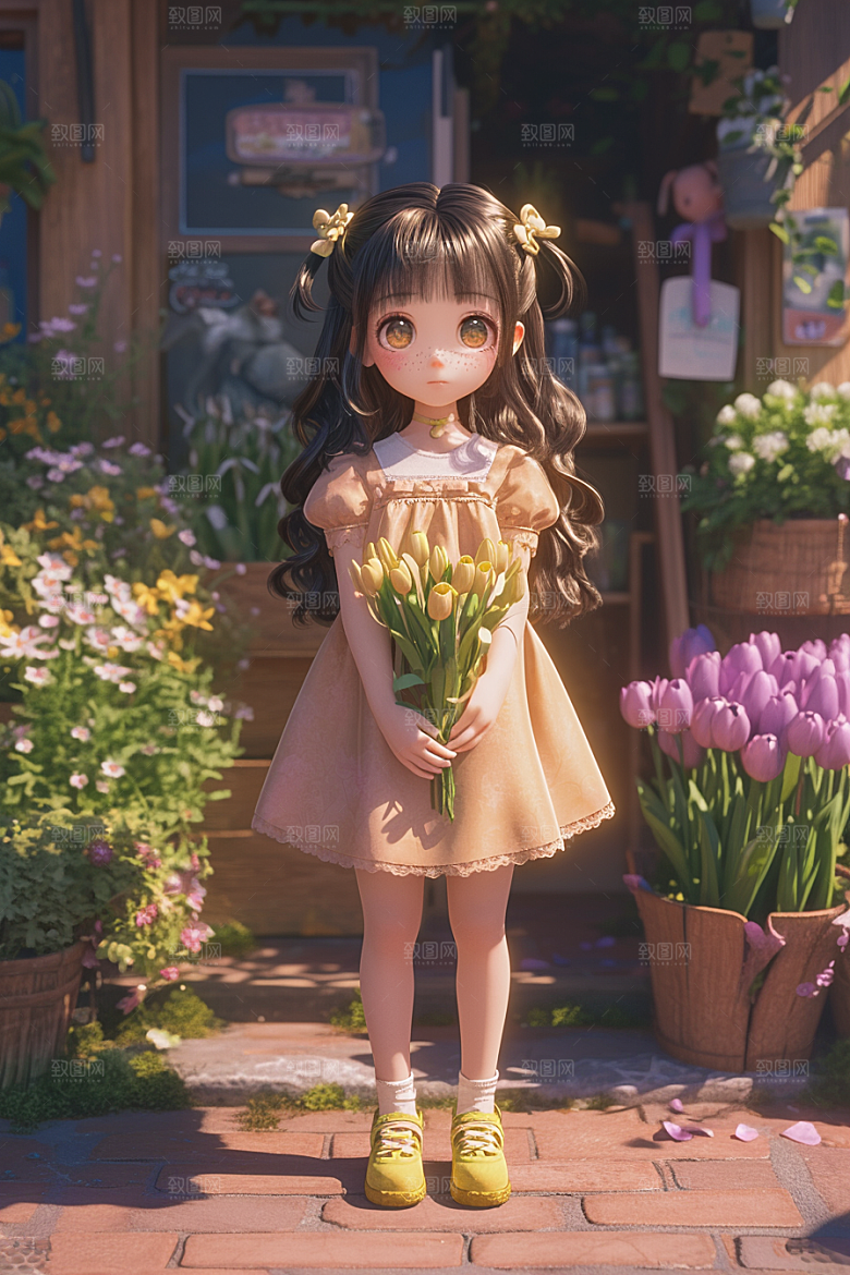 手捧鲜花的少女肖像青春素材