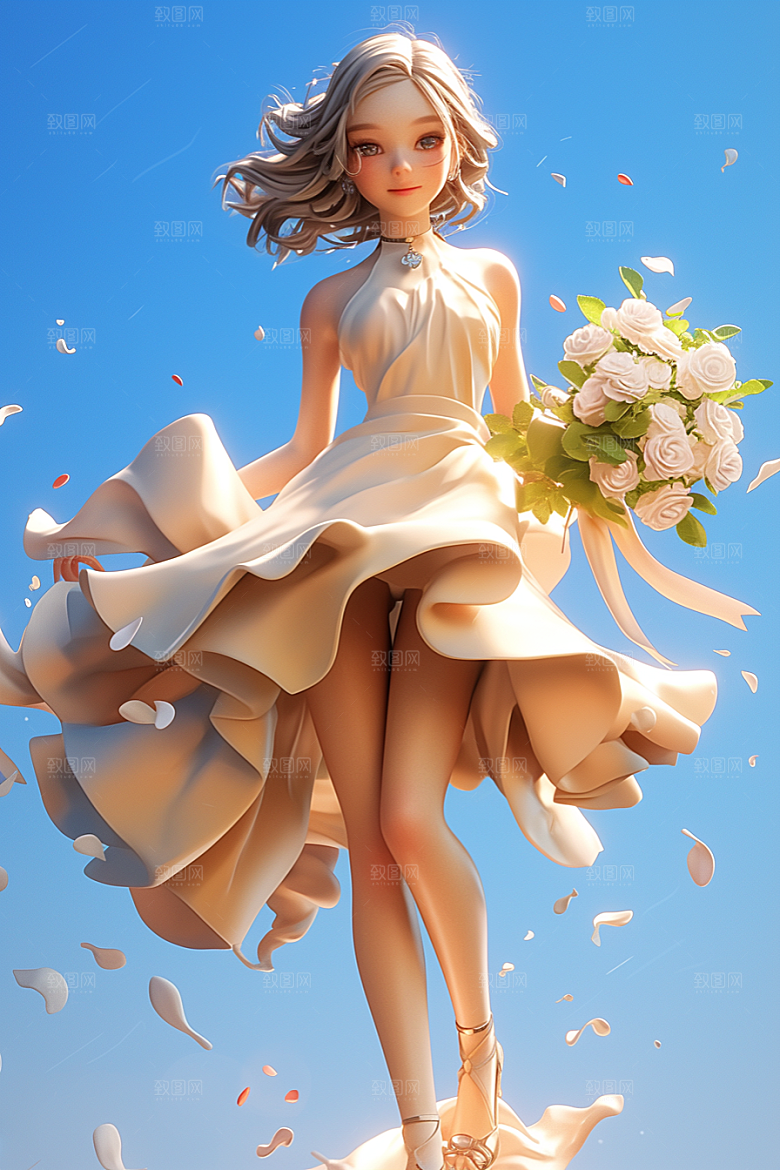 手捧鲜花的少女唯美清新素材