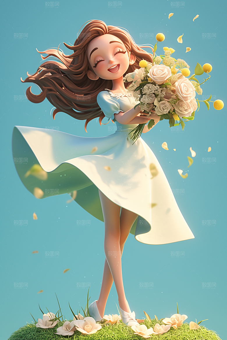 手捧鲜花的少女唯美人物素材