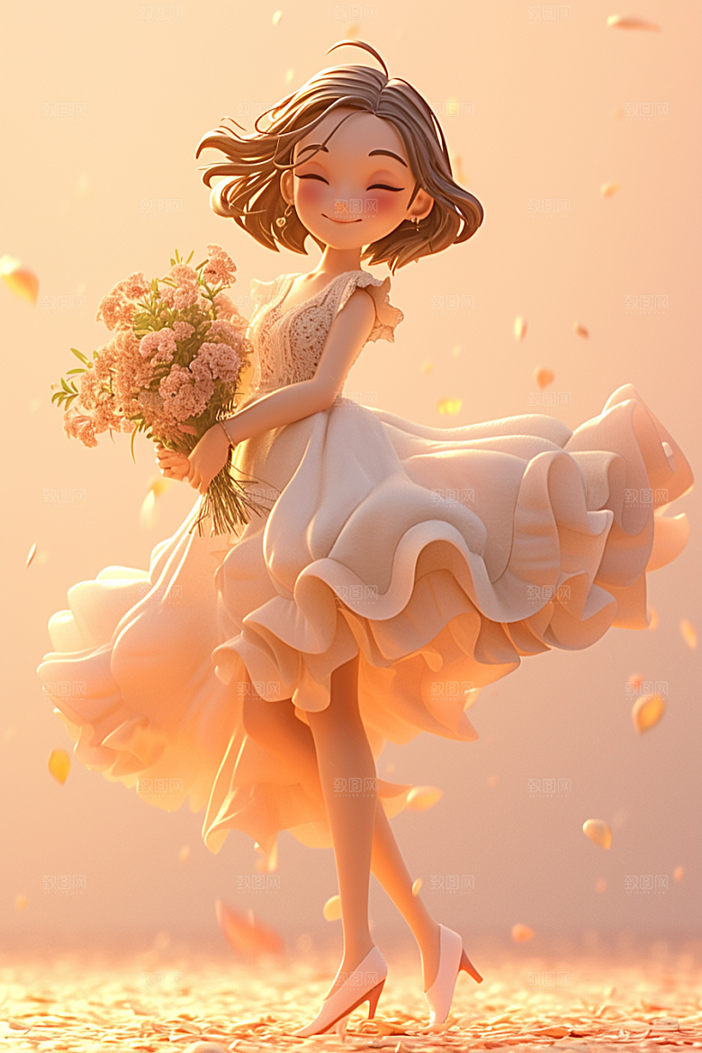 手捧鲜花的少女人物自然素材