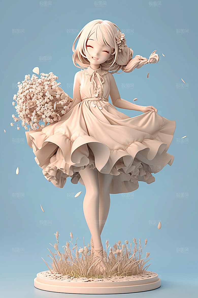 手捧鲜花的少女人物3D素材