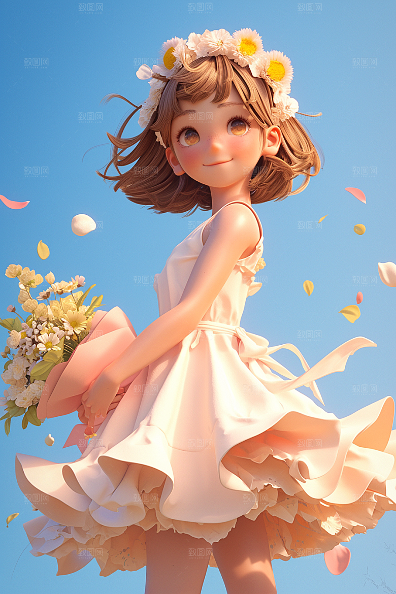 手捧鲜花的少女青春花朵素材