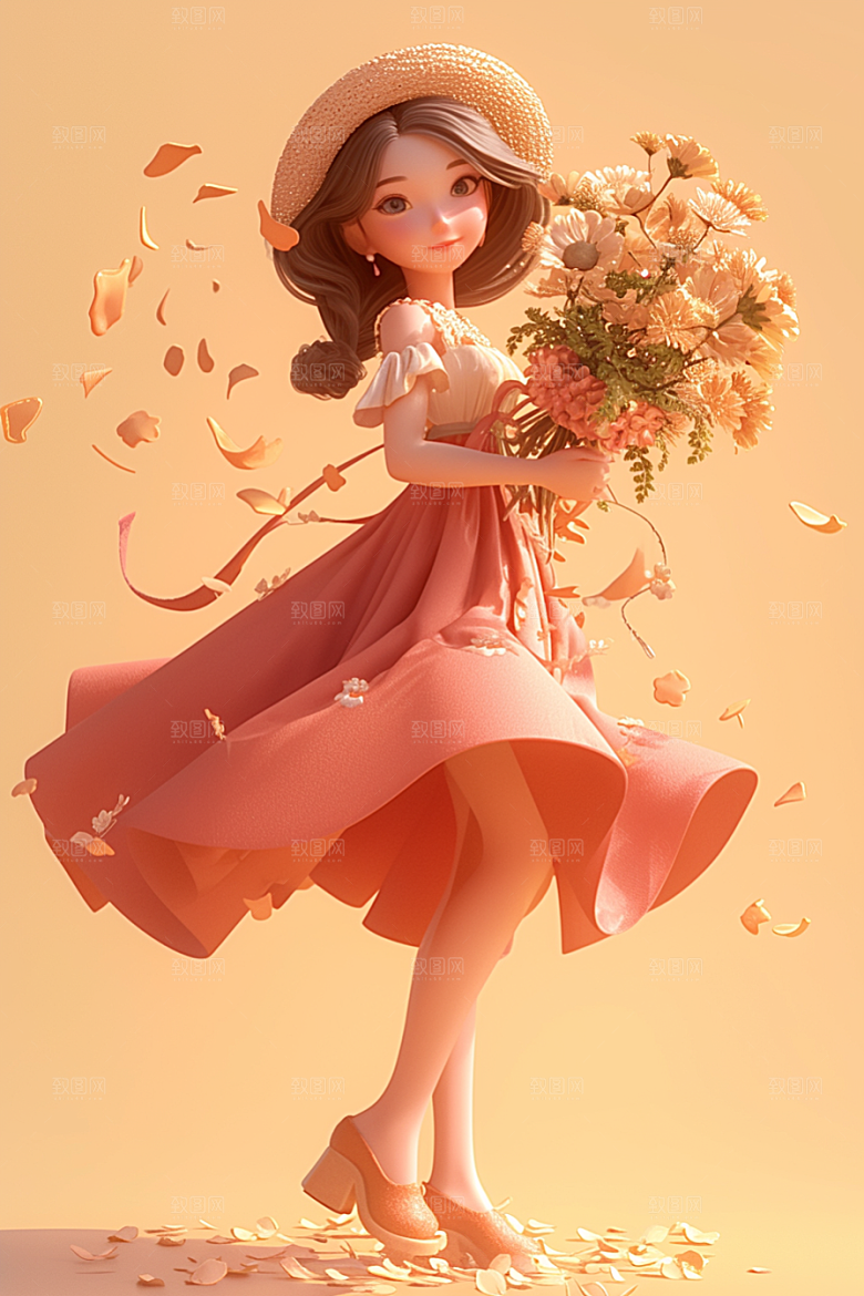 手捧鲜花的少女立体3D素材