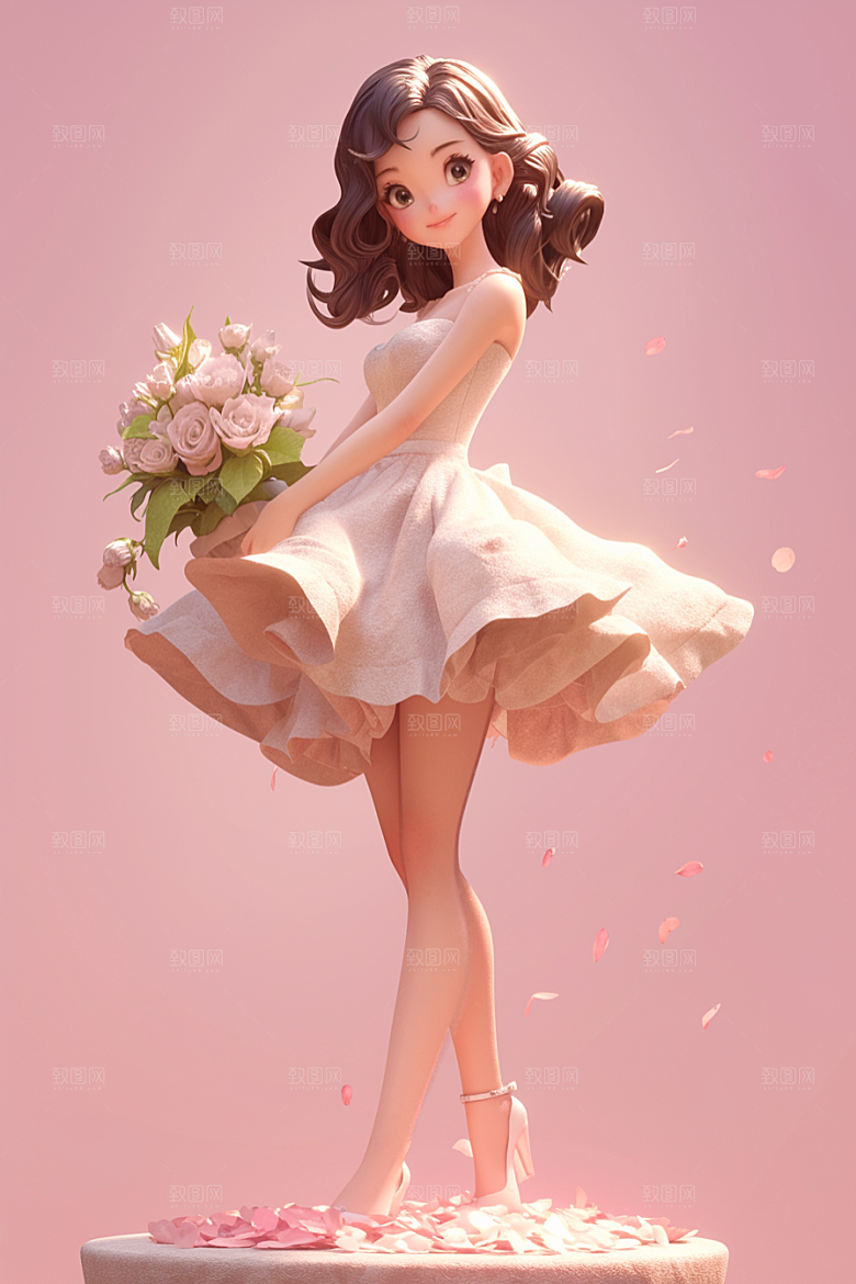 手捧鲜花的少女唯美花朵素材