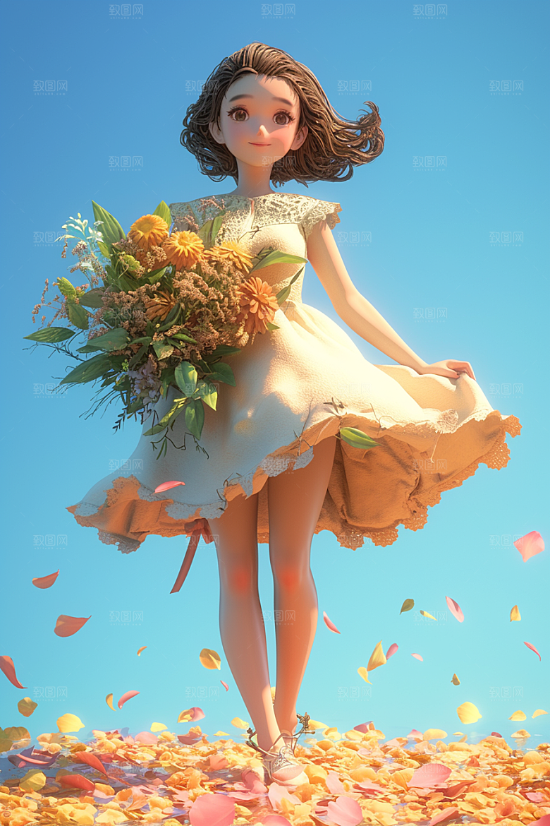 手捧鲜花的少女烂漫人物素材