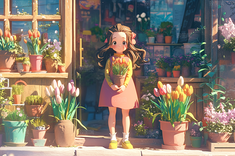 手捧鲜花的少女烂漫青春素材