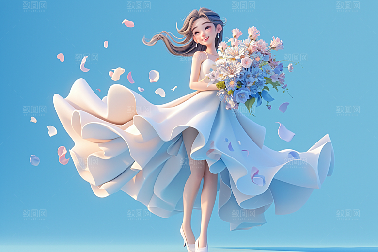 手捧鲜花的少女模型唯美素材