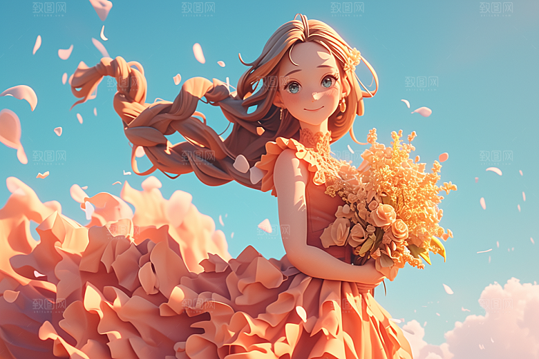 手捧鲜花的少女青春花朵素材