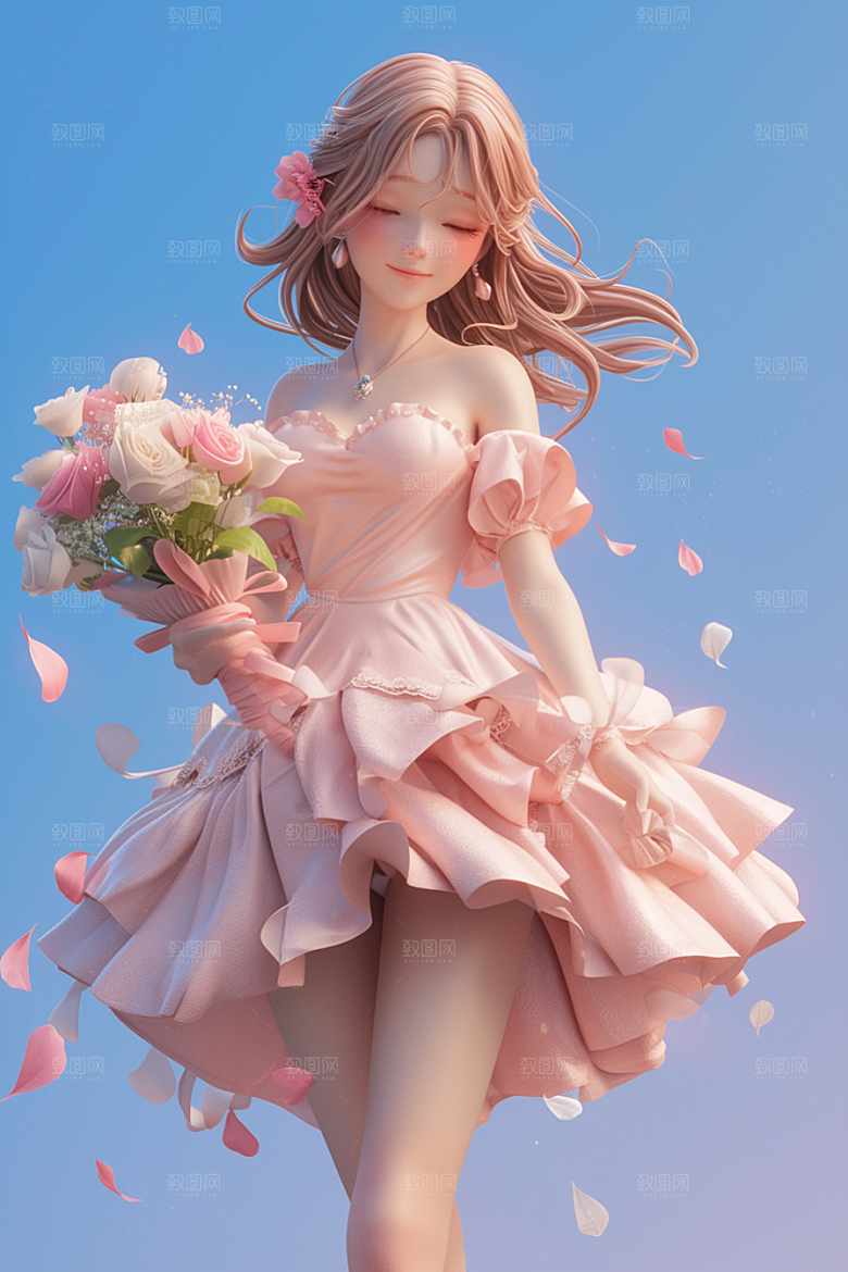 手捧鲜花的少女模型人物素材