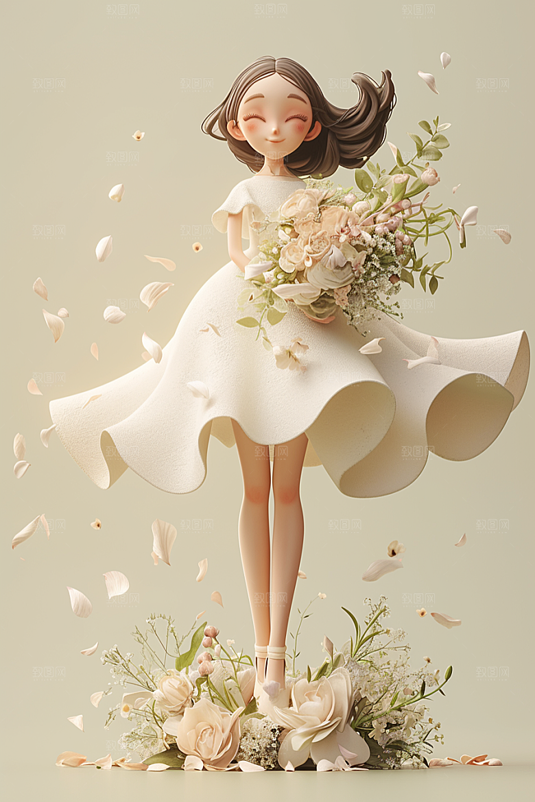 手捧鲜花的少女人物唯美素材