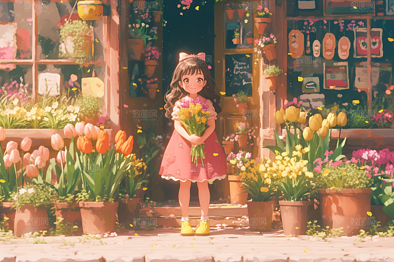 手捧鲜花的少女3D肖像素材