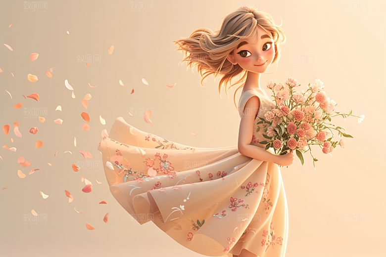 手捧鲜花的少女模型春天素材