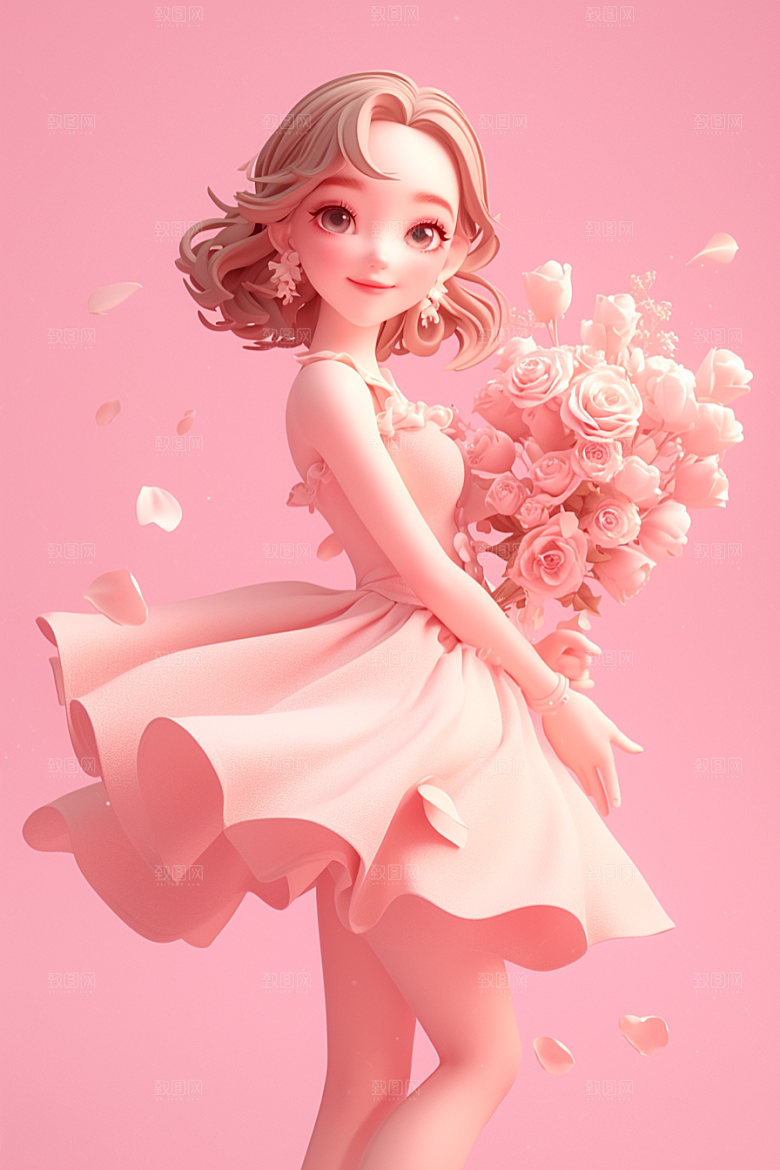 手捧鲜花的少女立体烂漫素材