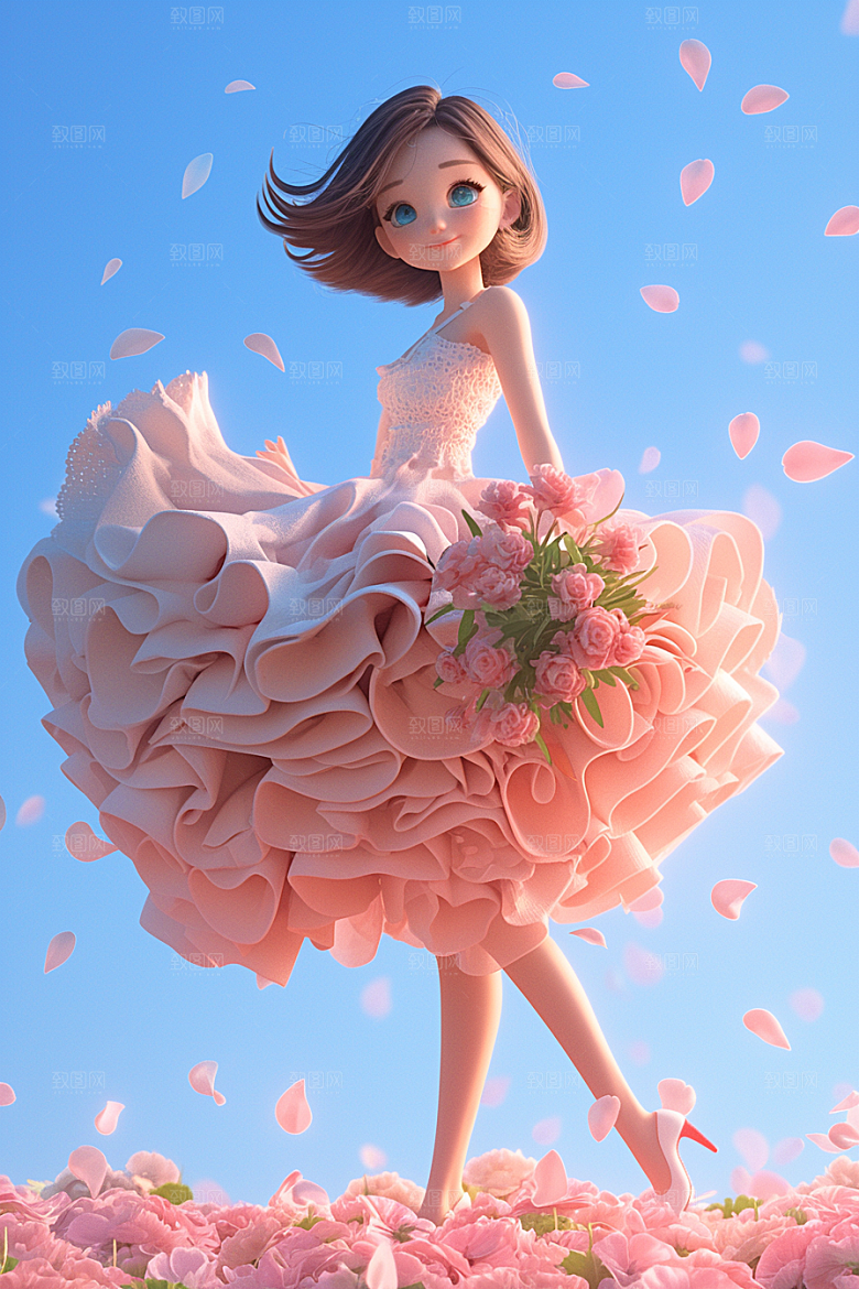 手捧鲜花的少女3D青春素材