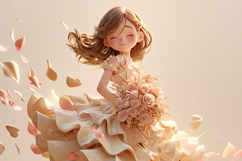 手捧鲜花的少女春天模型素材