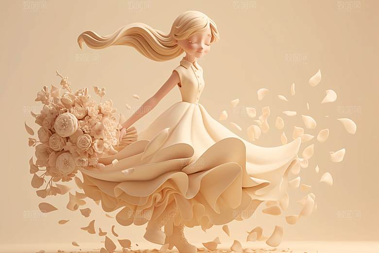 手捧鲜花的少女3D烂漫素材