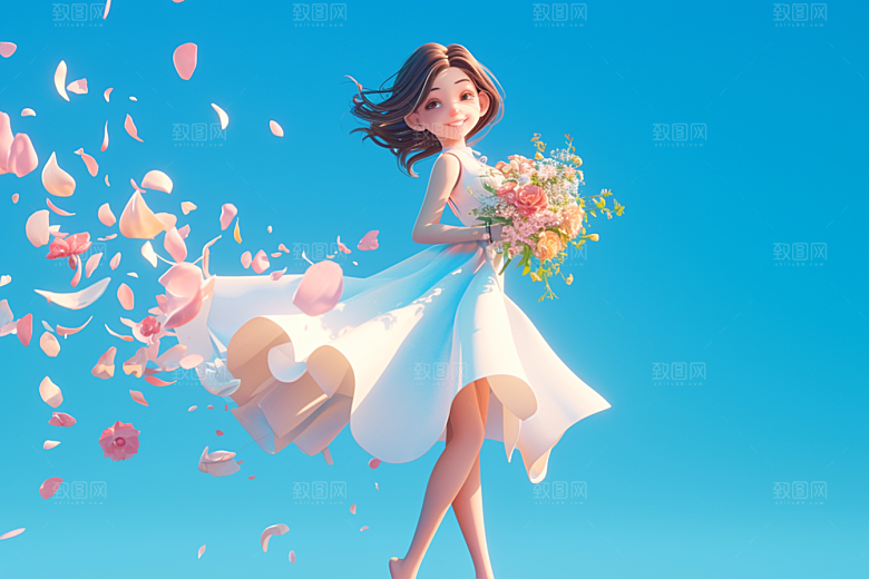 手捧鲜花的少女立体花朵素材