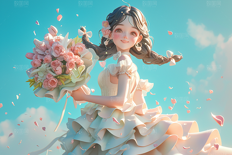 手捧鲜花的少女3D烂漫素材