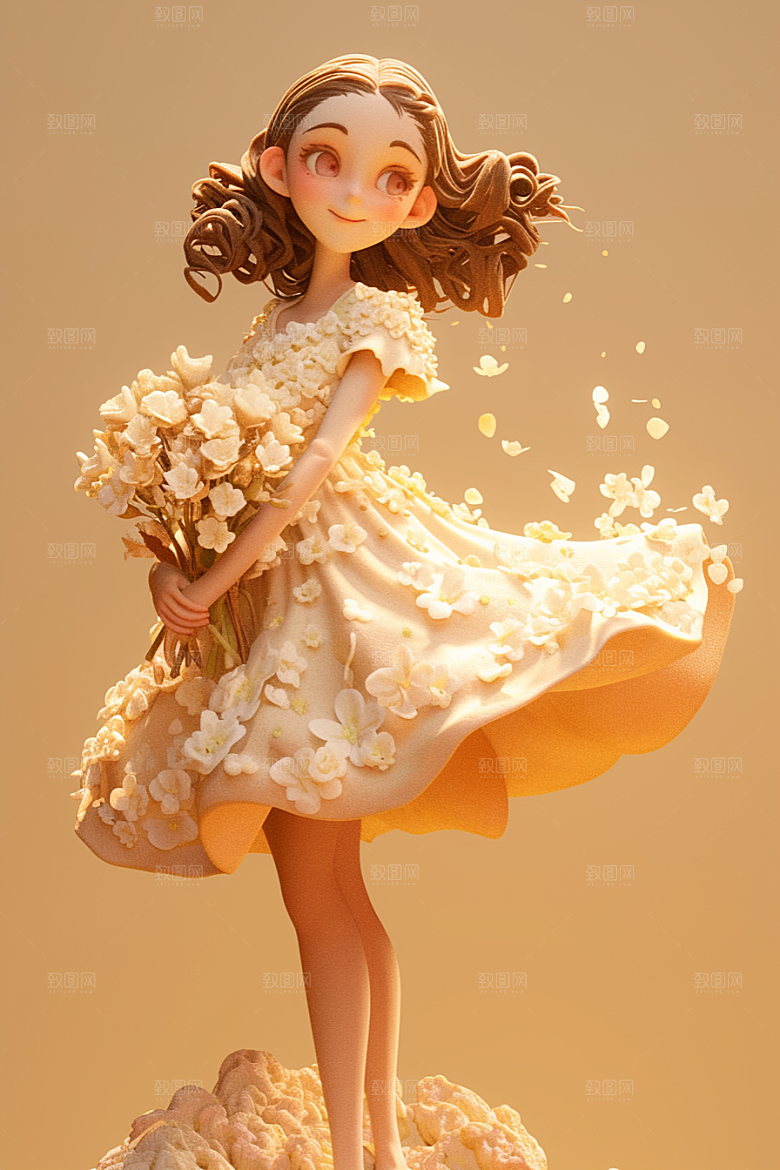 手捧鲜花的少女花朵唯美素材