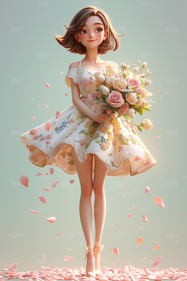 手捧鲜花的少女人物模型素材