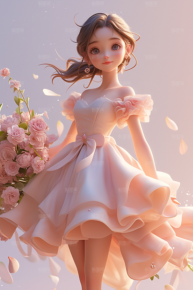 手捧鲜花的少女立体清新素材